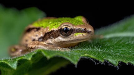 Fototapeta premium Close view of a frog on a leaf with green coloration in a natural setting during daylight hours