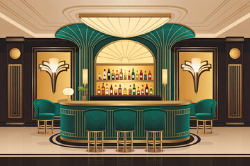 A hotel bar in Art Deco style, illustration