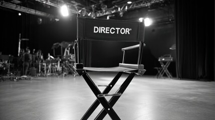 Director chair sits empty on set in studio with lights and equipment ready for filming