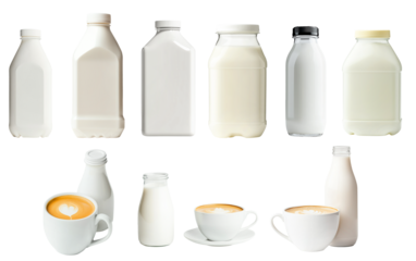 Set of Coffee cup with latte art beside milk bottle isolated on white background. Concept of coffee, dairy and breakfast