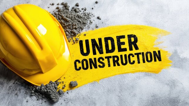 Yellow hard hat and under construction sign on concrete surface during building project work