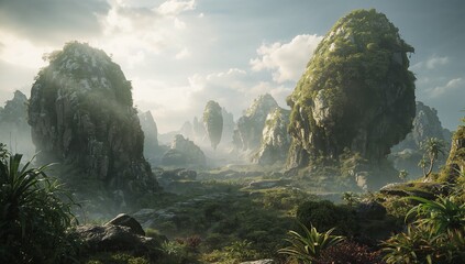 Ethereal Landscape of Majestic Rocks and Lush Greenery Under Clouds