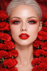 Stunning model in red makeup with red flowers and blonde hair, striking a pose.