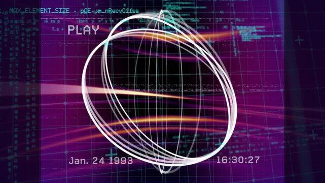 Animation of vintage tape over circles and data processing on violet background