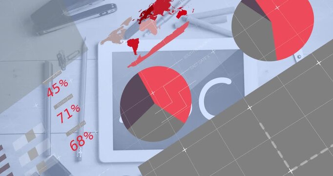 Animation of infographic interface over digital pc screen with abc text and stationery on table