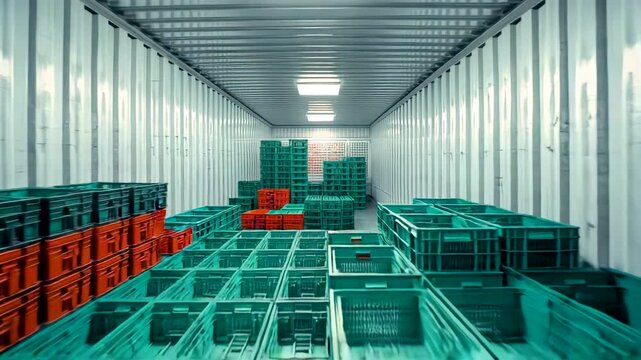 Green Plastic Crates Stacked Inside Shipping Container Warehouse Storage Organization