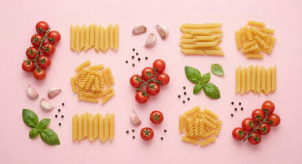 Uncooked pasta and ingredients flat lay on wood