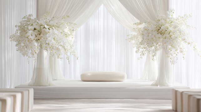 All-white wedding mandap with flowing orchid arrangements, tranquil and romantic setting for ceremony