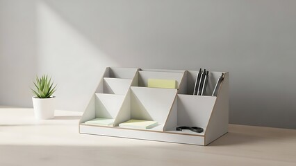 Modern White Desk Organizer for Office Supplies, Stationery, and Pens with Plant