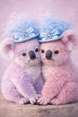 Two adorable koalas are snuggled together wearing cute blue hats and pink coats.