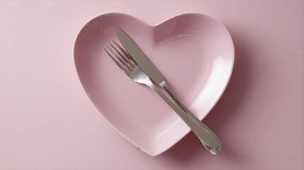 Heart-shaped dinner plate with fork and knife, stylish flat lay, romantic dining concept, AI-generated