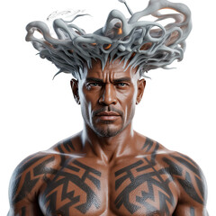 Muscular man with tribal tattoos and cybernetic hair, isolated on transparent background isolated on transparent background