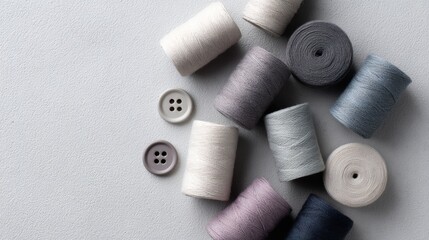 Cotton spools and buttons arranged in flat lay, soft fabric textures, cozy and creative sewing composition