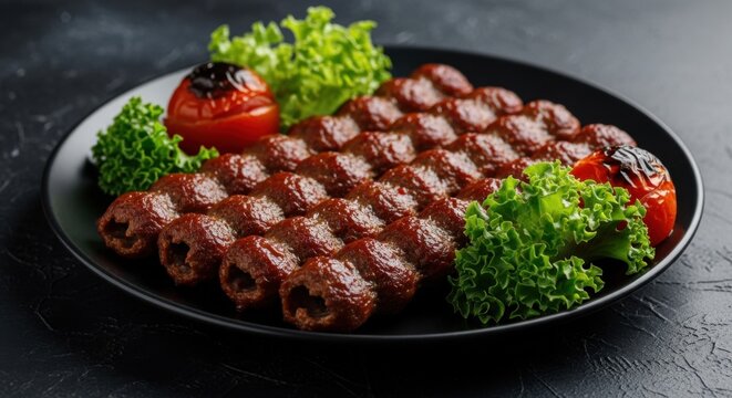 Authentic Lule Kebab served with charred tomato and fresh lettuce garnish on a sleek black plate. Gourmet Middle Eastern grilled meat dinner concept.