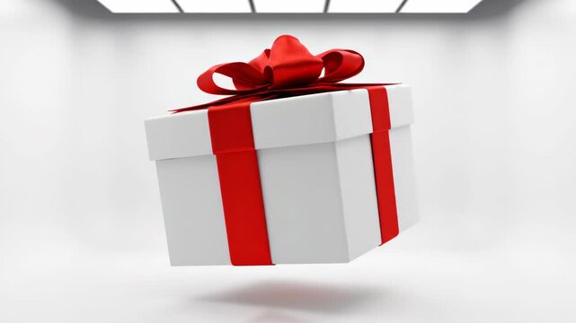 A perfect white square gift box secured with a vibrant red satin ribbon slowly floats and rotates against a seamless, brightly lit background perfect white square gift box, commercial, professional
