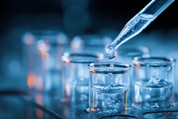 Experiment in a science lab features close-up of a dropper adding liquid to a glass vial during a chemistry investigation in a modern laboratory setting