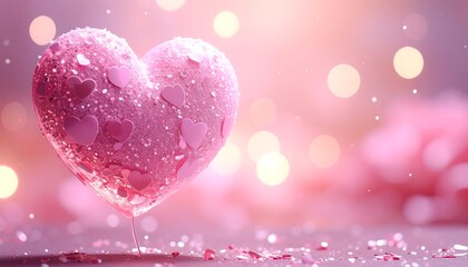 A heart-shaped confection sparkles, decorated with smaller hearts against a bokeh background of soft pink and warm, blurred lights