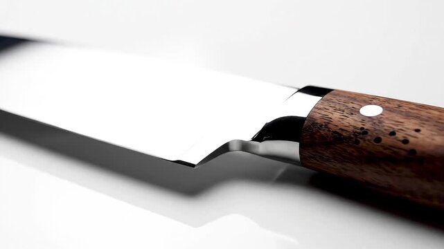 Close-up of a sharp knife with wooden handle on white background