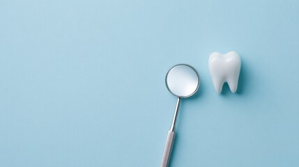 Dental examination concept: tooth and mirror on blue background, clinical and educational style
