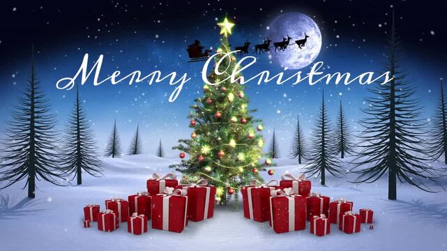 Animation of christmas tree with gift boxes, snow landscape, coniferous trees, moon and stars in sky