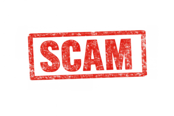 Red rubber stamp vector style with word scam inside rectangular border, concept of fraud, fake, and deception, transparent background