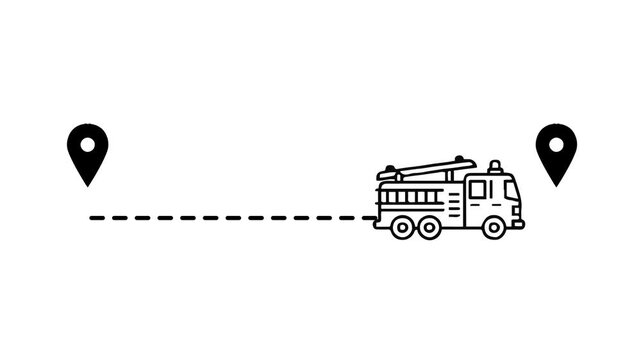 Fire truck route animation with map pins, emergency response navigation, rescue service concept, logistics tracking, minimal line icon design.