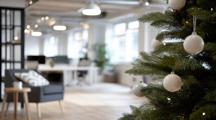 Seasonal office celebration: modern open-plan workspace adorned with Christmas tree, festive and welcoming mood