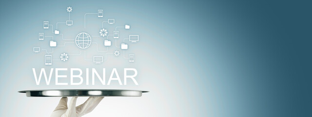 Webinar concept with digital communication icons above a server tray on blue gradient background, symbolizing online learning platform system.