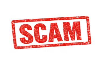 Red grunge rubber stamp mark with scam text, indicating fraud, fake, and deception concept, transparent background