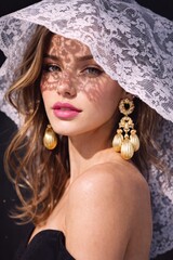 Portrait of a woman with fair skin and pink lipstick wearing a lace bonnet.