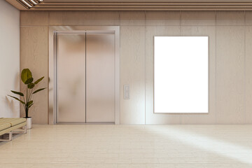 Modern hallway interior with closed elevator doors and blank vertical poster frame on light wood wall for advertising display concept. 3D Rendering
