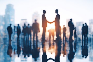 Fototapeta premium Business professionals engage in handshake to forge partnerships with city skyline in the background during sunset hours