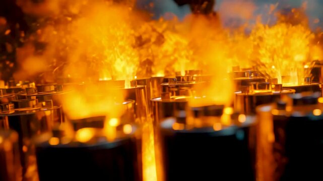 Intense Orange Flames Engulfing Rows Glass Bottles Fire Blaze Dark Night Scene