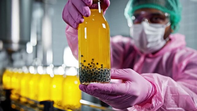 Passion fruit nectar: The image shows a worker in a sterile environment holding up a glass bottle of passion fruit nectar to demonstrate the production in the fruit drink factory.