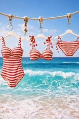 Striking red and white striped swimsuits hanging against a stunning ocean backdrop.