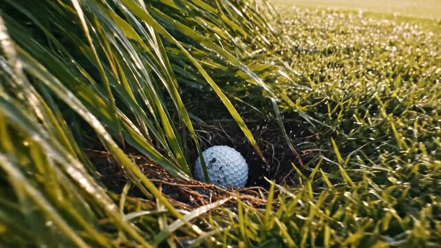 A resilient white golf ball bounces once before settling deep into the thick, wet, and dewy long rough grass on the edge of the golf course fairway settling deep, determination, rough