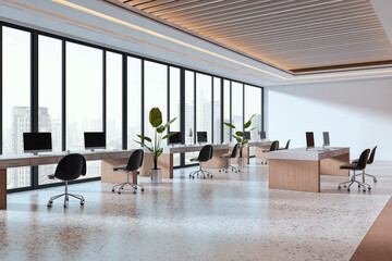 Fototapeta na wymiar Modern open space office interior with city view through large windows, wooden desks, black chairs, and terrazzo flooring. 3D Rendering