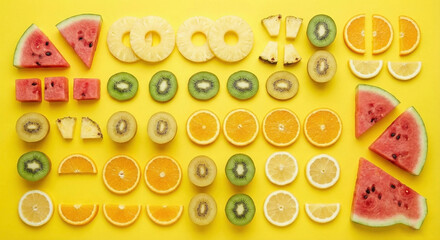 Sliced summer fruits knolling on yellow background