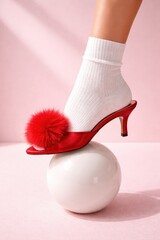 A red heeled shoe with a pompom and a socked foot balanced on a white sphere.