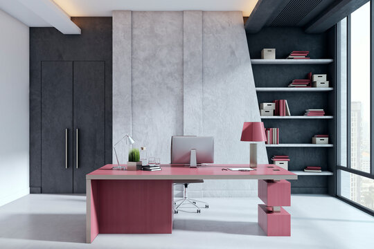 Modern luxury office interior with pink desk, computer and bookshelves by large window overlooking cityscape in stylish workspace setting. 3D Rendering