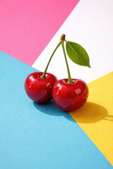 Two ripe red cherries with stems and a leaf, set against a colorful backdrop.