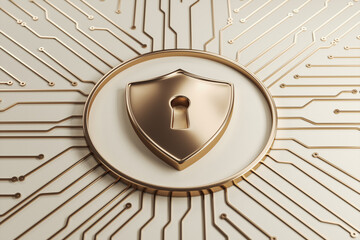 Golden shield with keyhole symbol on abstract circuit background representing cyber security, data protection, and digital privacy concept. 3D Rendering
