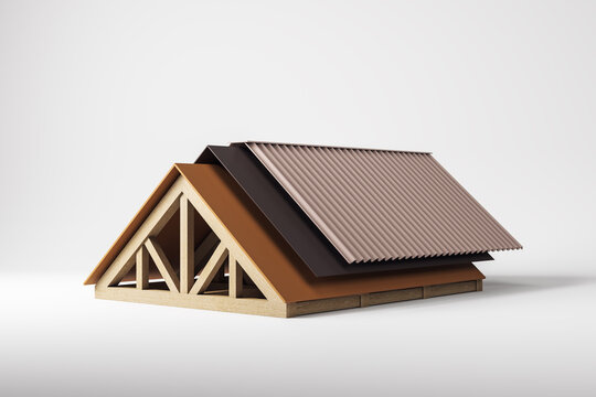Layered roof construction model with wooden trusses and various roofing materials isolated on white background, architectural development concept. 3D Rendering