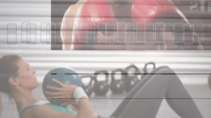 Animation of caucasian sports people exercising at gym