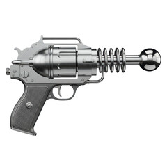 Shiny Metallic Retro Sci-Fi Ray Gun Blaster Weapon. 3D Render Isolated on White.