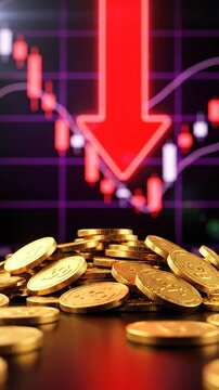 A Visual Representation of Financial Decline: Stacked Gold Coins and Downward Market Trends Capturing Economic Challenges and Investment Outcomes