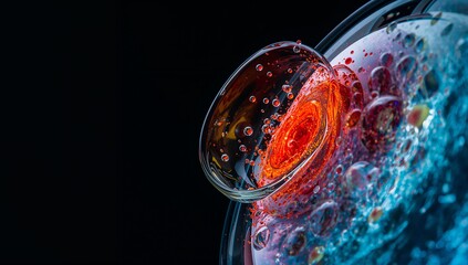 Vibrant Liquid Colors with Bubbles and Glassware on Black Background