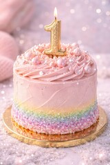 A delightful first birthday cake with a golden number one candle on top.