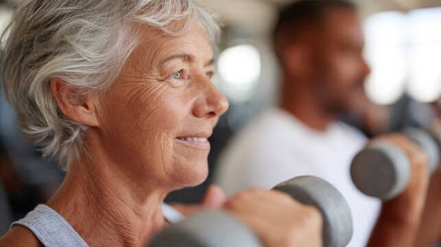 Smiling older adult lifting weights, showcasing strength and det