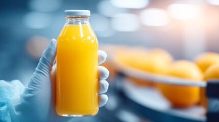 A person in protective gear holds a clear bottle of freshly squeezed orange juice filled with bright, sunny liquid
